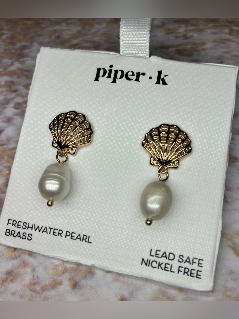 Piper k Gold Shell Freshwater Pearl Drop Earrings NEW - Picture 1 of 4